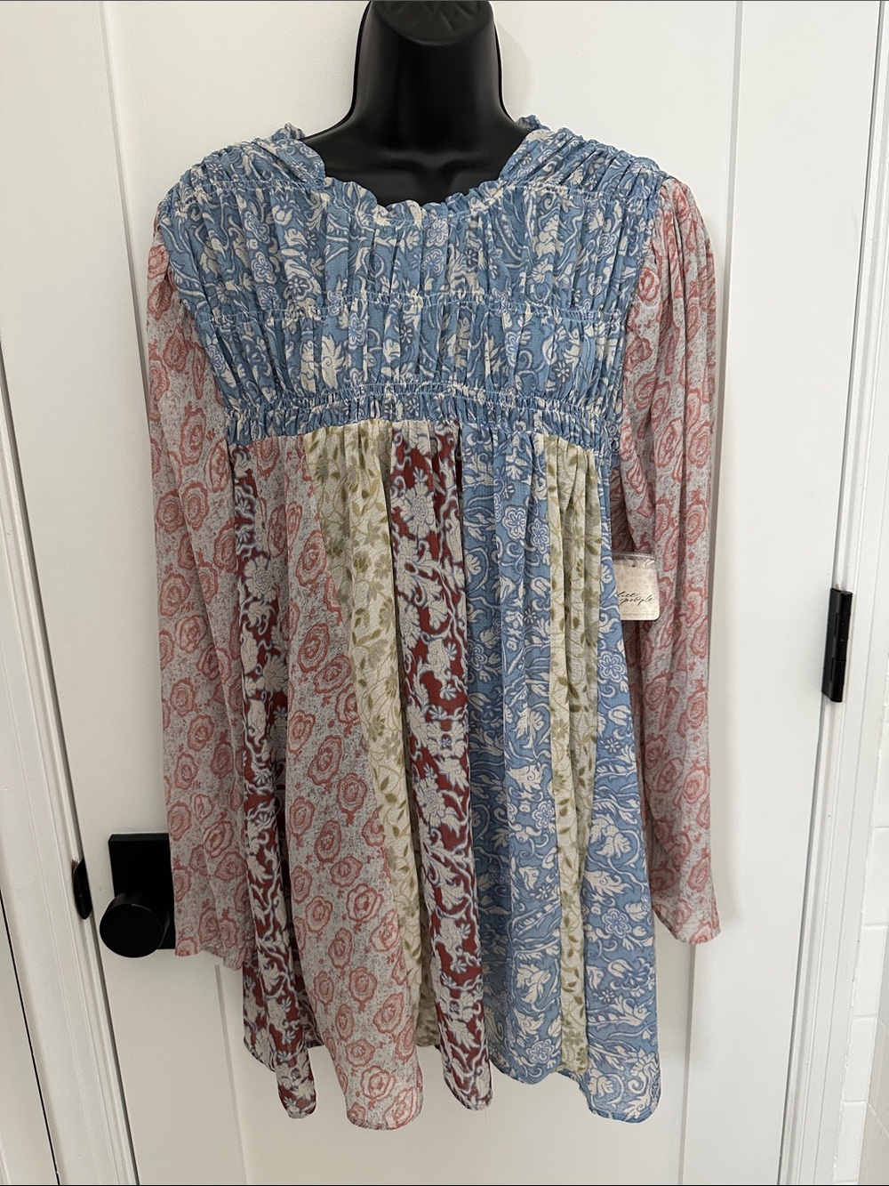 Free People Boho Patchwork Top in Blue, Rust, Olive
